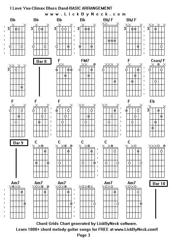 Chord Grids Chart of chord melody fingerstyle guitar song-I Love You-Climax Blues Band-BASIC ARRANGEMENT,generated by LickByNeck software.